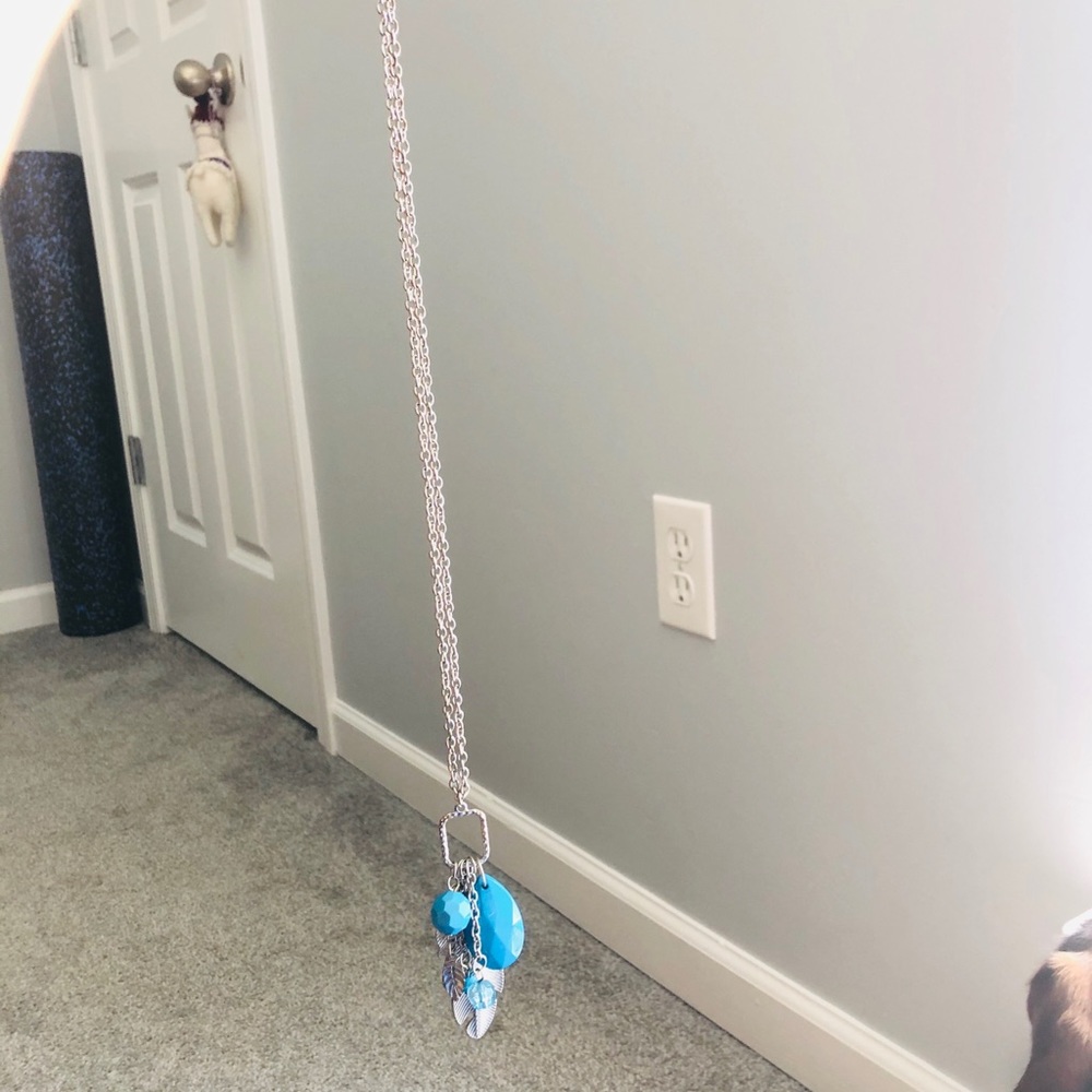 Long chain silver and baby blue necklace